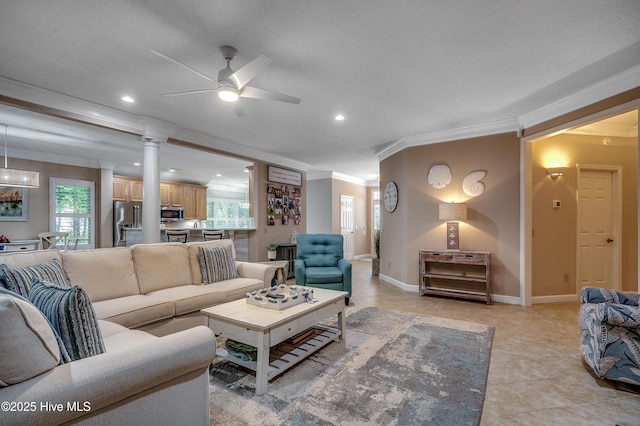 1204 Pine Valley Rd, North Myrtle Beach, SC 29582 - living area featuring crown molding, a ceiling fan, recessed lighting, light tile patterned floors, and baseboards