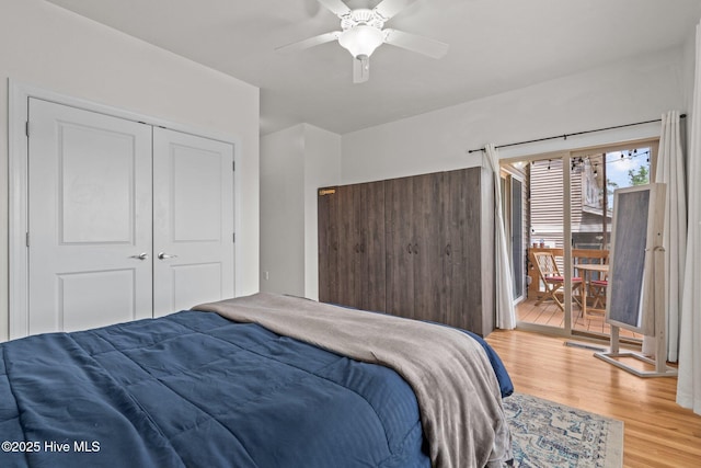 bedroom featuring light wood-style floors, ceiling fan, and a closet