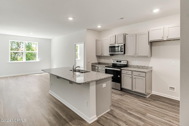 135 Legare St Lot 252, Wilmington, NC 28411 - kitchen featuring appliances with stainless steel finishes, wood finished floors, gray cabinetry, light stone counters, and recessed lighting