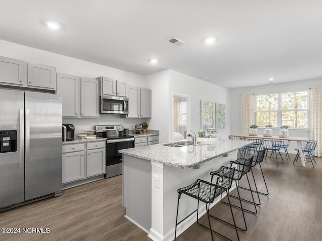 135 Legare St Lot 252, Wilmington, NC 28411 - kitchen featuring appliances with stainless steel finishes, gray cabinets, plenty of natural light, a kitchen island with sink, and recessed lighting