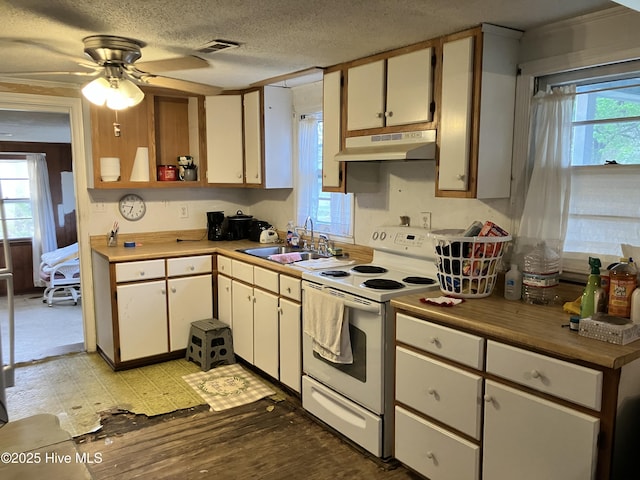 kitchen featuring electric stove, a sink, under cabinet range hood, a textured ceiling, and ceiling fan