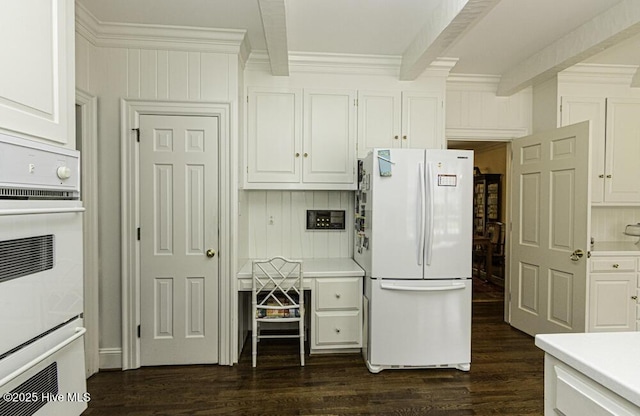 kitchen featuring white appliances, white cabinetry, dark wood-style floors, crown molding, and beam ceiling