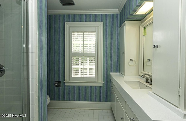full bath with wallpapered walls, baseboards, ornamental molding, vanity, and tile patterned floors