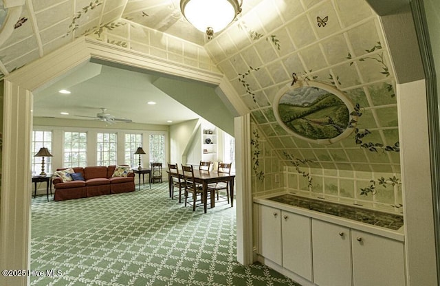 bar with carpet floors, ceiling fan, and recessed lighting