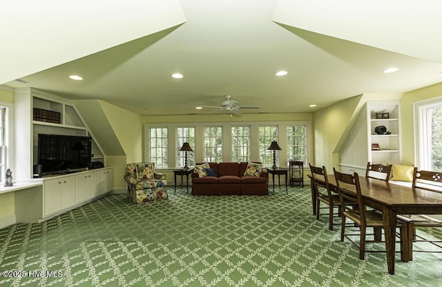 living room featuring carpet flooring, recessed lighting, ceiling fan, and baseboards
