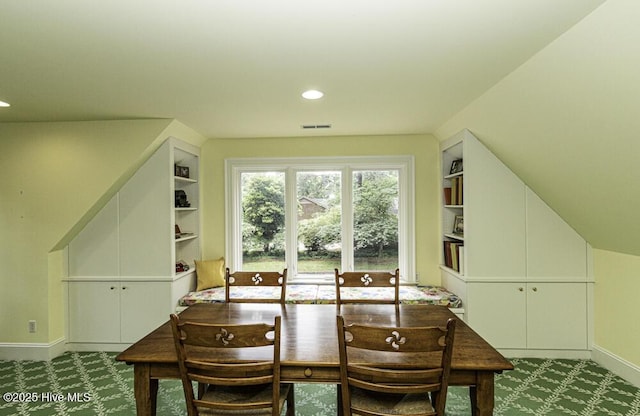 dining area featuring carpet, baseboards, and recessed lighting