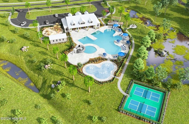 aerial view of a pool area