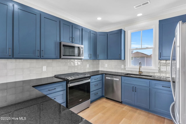 808 S 2nd St, Carolina Beach, NC 28428 - kitchen with appliances with stainless steel finishes, a sink, blue cabinetry, dark stone counters, and light wood-type flooring