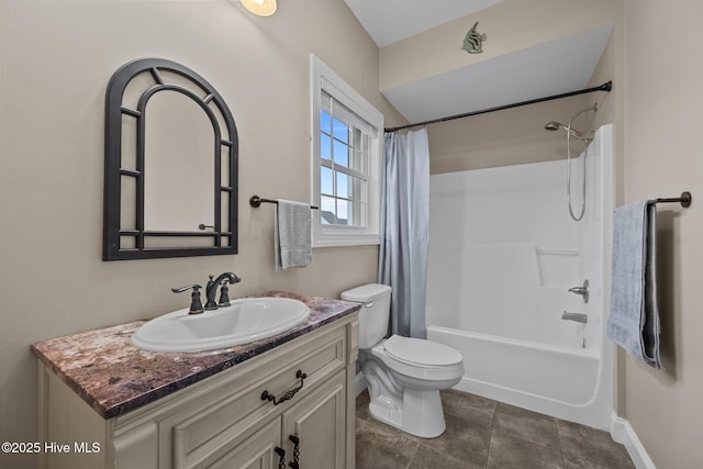 1711 S Anderson Blvd, Holly Ridge, NC 28445 - bathroom with toilet, vanity, shower / bath combination with curtain, and baseboards