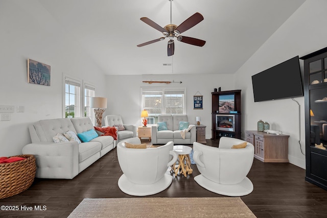 1711 S Anderson Blvd, Holly Ridge, NC 28445 - living area featuring ceiling fan, dark wood finished floors, and high vaulted ceiling