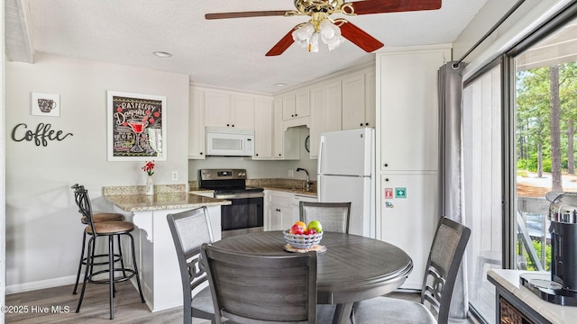 227 Foxkroft Dr Unit 9, Foxfire Village, NC 27281 - kitchen with white appliances, light wood finished floors, white cabinetry, a ceiling fan, and baseboards