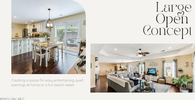 131 NE 33rd St, Oak Island, NC 28465 - living area with dark wood finished floors, recessed lighting, a ceiling fan, and a raised ceiling