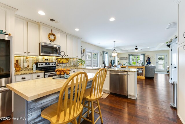 131 NE 33rd St, Oak Island, NC 28465 - kitchen with stainless steel appliances, a peninsula, open floor plan, recessed lighting, and decorative backsplash