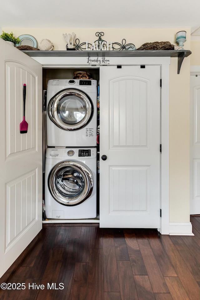131 NE 33rd St, Oak Island, NC 28465 - laundry room with estacked washer and dryer and wood finished floors