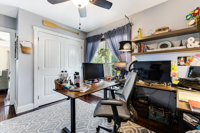 131 NE 33rd St, Oak Island, NC 28465 - home office with wood finished floors, a ceiling fan, and baseboards