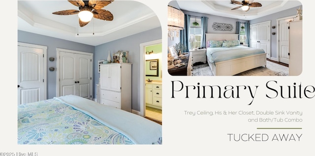 131 NE 33rd St, Oak Island, NC 28465 - bedroom with a tray ceiling, multiple closets, arched walkways, ensuite bath, and a ceiling fan