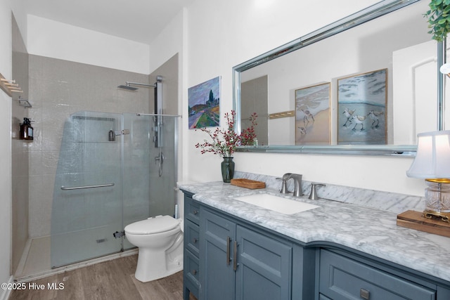 181 Kirkpatrick Ln, Red Springs, NC 28377 - bathroom featuring a shower stall, wood finished floors, vanity, and toilet