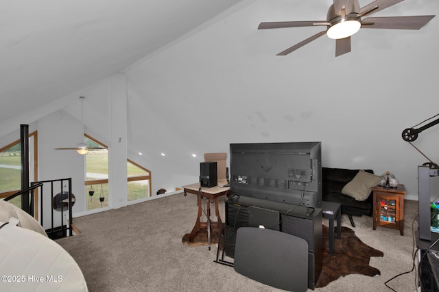 181 Kirkpatrick Ln, Red Springs, NC 28377 - living room featuring ceiling fan, carpet floors, and vaulted ceiling