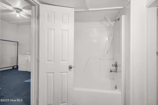 full bathroom featuring washer / dryer, shower / tub combination, and a ceiling fan
