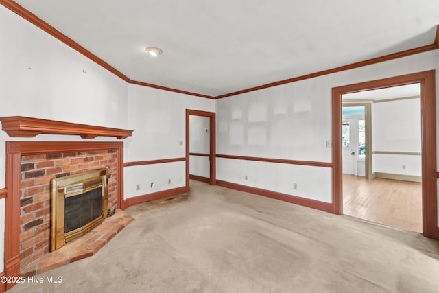 306 S Oakum St, Edenton, NC 27932 - unfurnished living room with crown molding, a brick fireplace, carpet, and baseboards