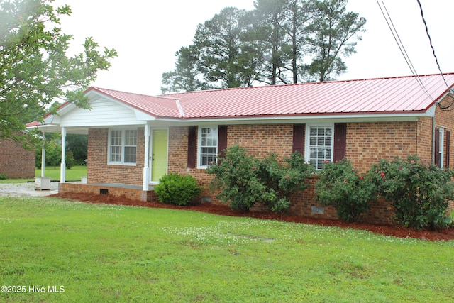 118 Turtle Shell Rd, Richlands, NC 28574 - ranch-style house with crawl space, a front lawn, metal roof, and brick siding