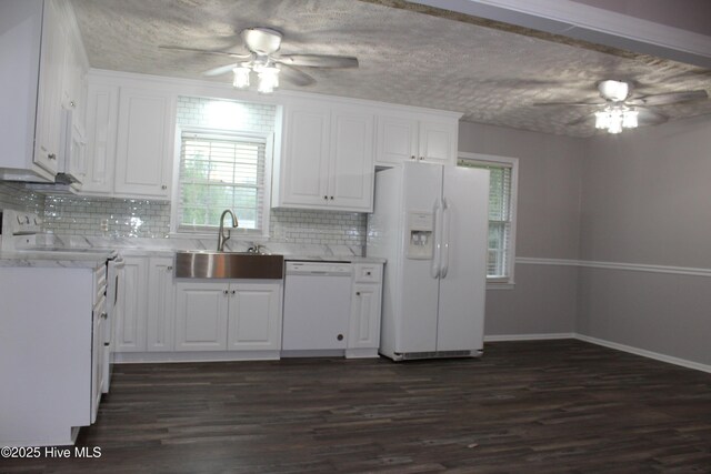 118 Turtle Shell Rd, Richlands, NC 28574 - kitchen featuring white appliances, ceiling fan, a sink, dark wood-style flooring, and a textured ceiling