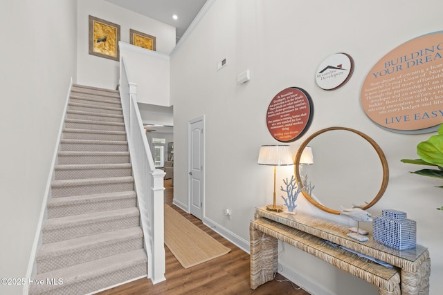 160 Freedom Park Rd, Beaufort, NC 28516 - staircase featuring wood finished floors, baseboards, and recessed lighting