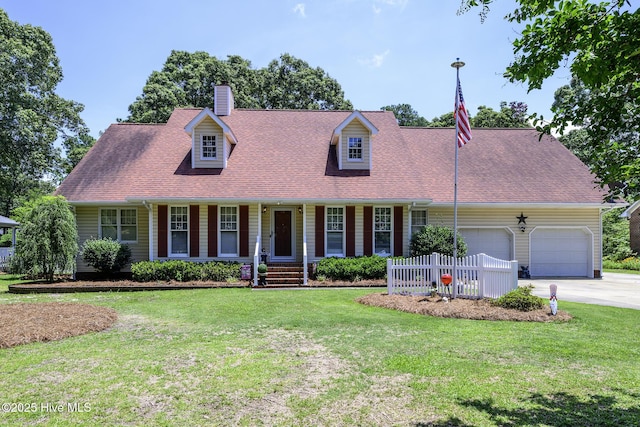 1992 Acorn Dr, New Bern, NC 28562 - cape cod home featuring a garage, a chimney, a front lawn, and covered porch