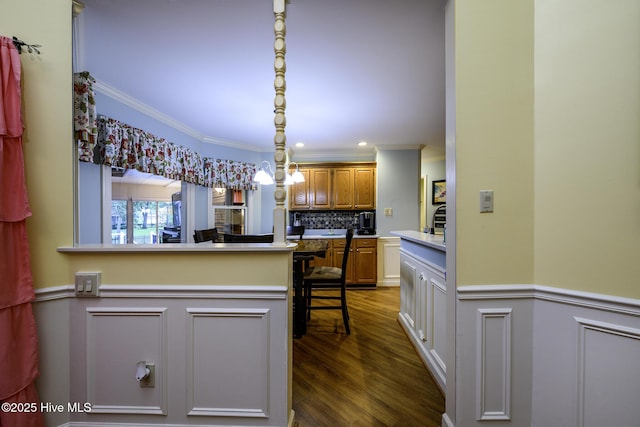 1992 Acorn Dr, New Bern, NC 28562 - kitchen featuring ornamental molding, dark wood-style flooring, backsplash, a wainscoted wall, and pendant lighting