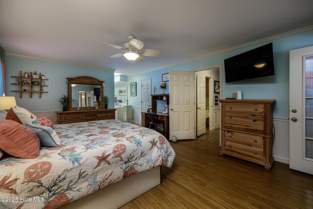 1992 Acorn Dr, New Bern, NC 28562 - bedroom featuring wood finished floors, crown molding, a ceiling fan, and a desk