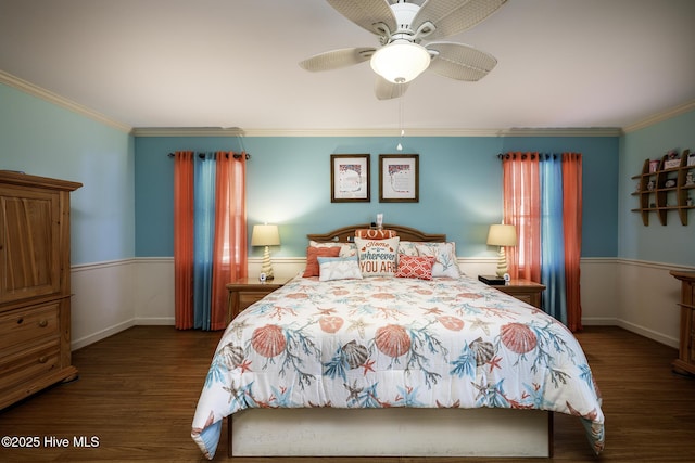 1992 Acorn Dr, New Bern, NC 28562 - bedroom featuring wood finished floors, ornamental molding, and ceiling fan