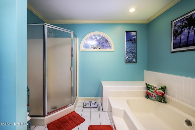 1992 Acorn Dr, New Bern, NC 28562 - full bathroom featuring a shower stall, a garden tub, tile patterned flooring, and ornamental molding