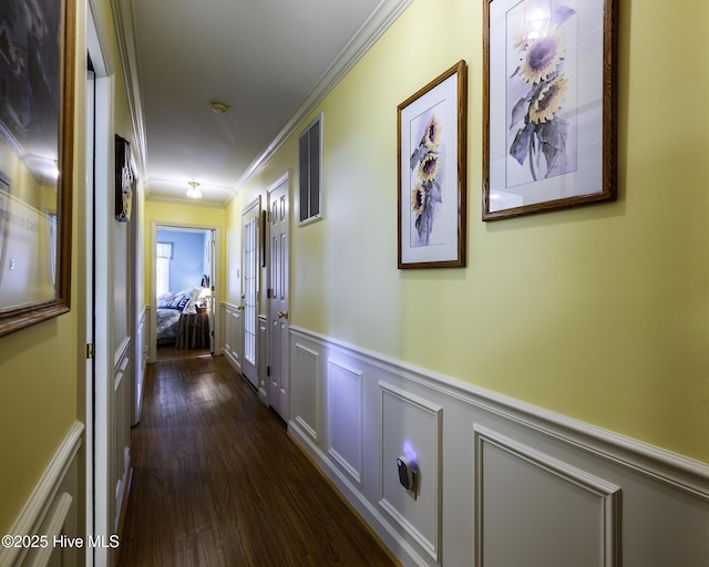 1992 Acorn Dr, New Bern, NC 28562 - corridor with crown molding, a decorative wall, wainscoting, and dark wood-style floors