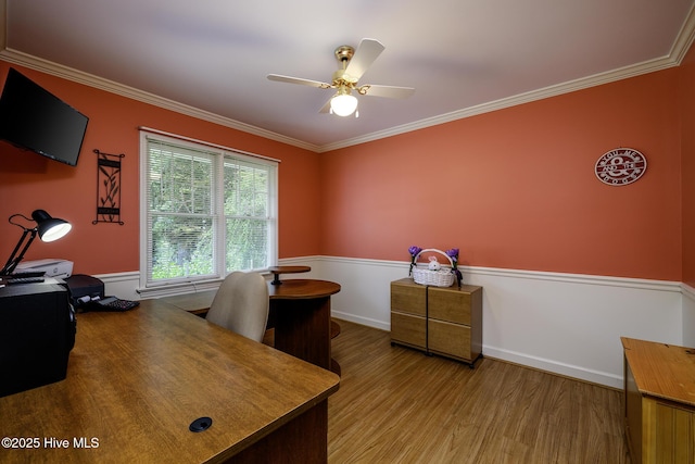 1992 Acorn Dr, New Bern, NC 28562 - home office featuring a ceiling fan, crown molding, wood finished floors, and wainscoting