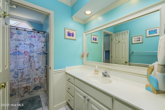 1992 Acorn Dr, New Bern, NC 28562 - full bath with crown molding, vanity, tile patterned floors, and curtained shower