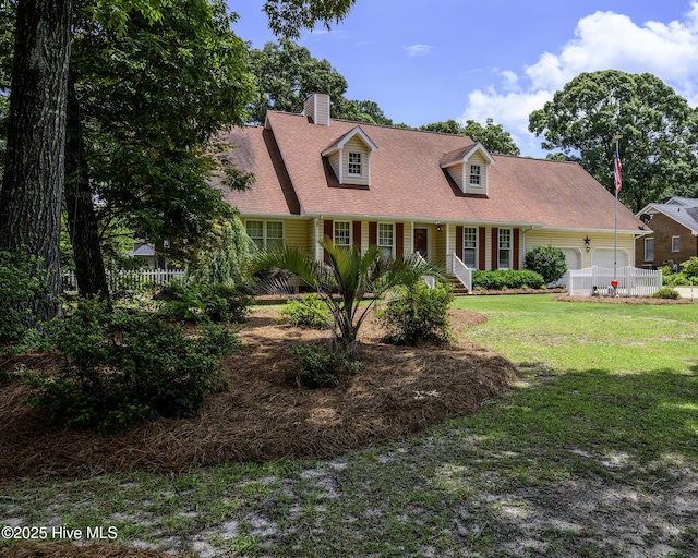 1992 Acorn Dr, New Bern, NC 28562 - cape cod home with covered porch, an attached garage, a chimney, and a shingled roof