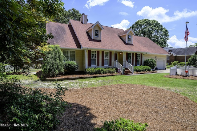 1992 Acorn Dr, New Bern, NC 28562 - cape cod home with a garage, covered porch, a chimney, and roof with shingles
