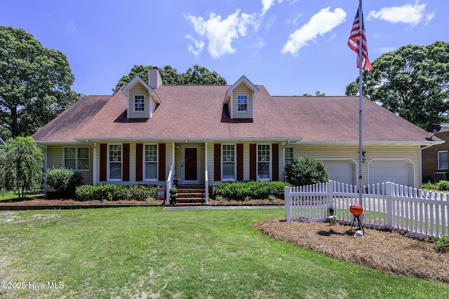 1992 Acorn Dr, New Bern, NC 28562 - new england style home with a chimney, an attached garage, covered porch, and a shingled roof