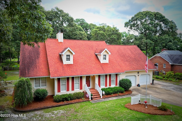 1992 Acorn Dr, New Bern, NC 28562 - new england style home with driveway, a chimney, a garage, and a porch