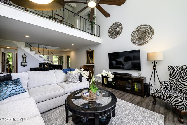 302 Plantation Dr, New Bern, NC 28562 - living room with wood finished floors, stairs, a ceiling fan, baseboards, and recessed lighting