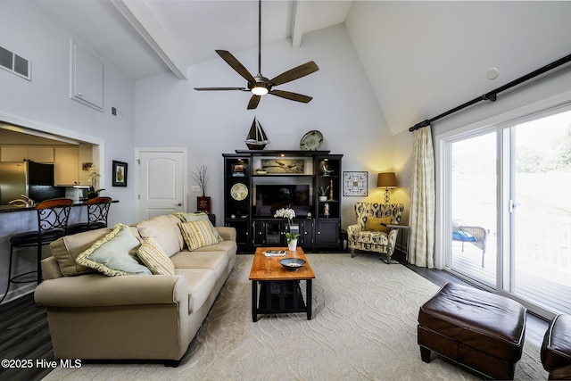 302 Plantation Dr, New Bern, NC 28562 - living area featuring high vaulted ceiling, a ceiling fan, beam ceiling, and wood finished floors