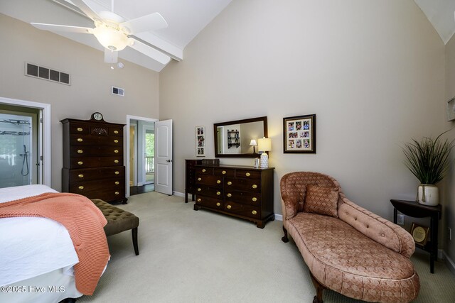 302 Plantation Dr, New Bern, NC 28562 - carpeted bedroom featuring high vaulted ceiling, baseboards, beamed ceiling, and a ceiling fan