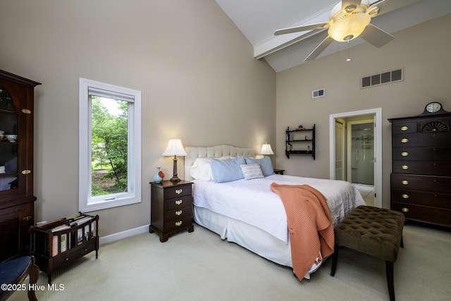 302 Plantation Dr, New Bern, NC 28562 - bedroom featuring high vaulted ceiling, light carpet, baseboards, ensuite bathroom, and ceiling fan