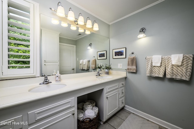 302 Plantation Dr, New Bern, NC 28562 - full bathroom featuring double vanity, tile patterned flooring, crown molding, and baseboards