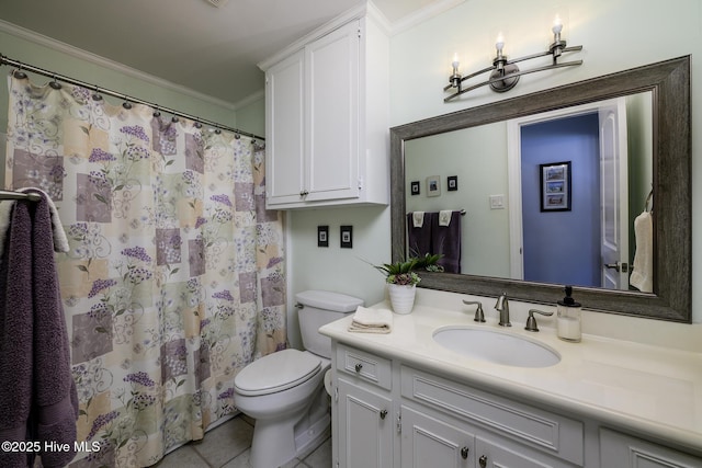302 Plantation Dr, New Bern, NC 28562 - bathroom featuring vanity, toilet, ornamental molding, tile patterned flooring, and a shower with curtain