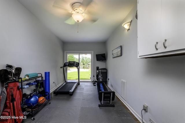 302 Plantation Dr, New Bern, NC 28562 - exercise area featuring a ceiling fan and baseboards