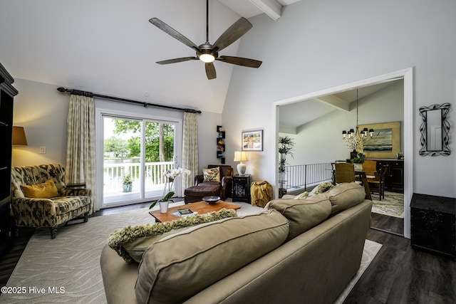 302 Plantation Dr, New Bern, NC 28562 - living area featuring beam ceiling, a chandelier, high vaulted ceiling, wood finished floors, and a ceiling fan