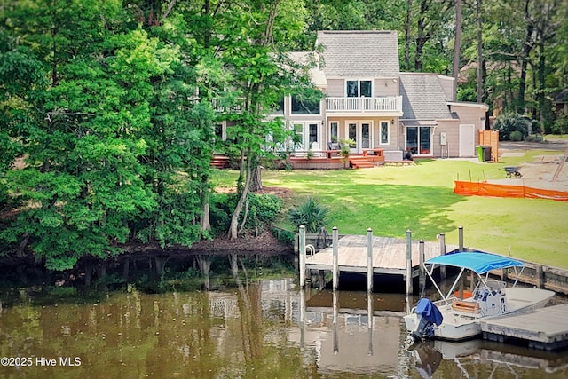 302 Plantation Dr, New Bern, NC 28562 - dock featuring a balcony, a water view, and a lawn