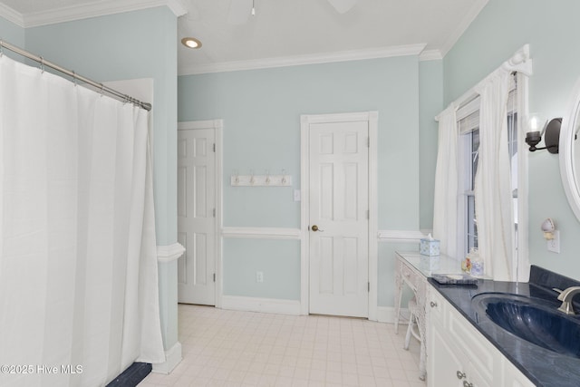 109 Lobster Ln, Emerald Isle, NC 28594 - bathroom featuring vanity, ornamental molding, tile patterned floors, and a shower with shower curtain