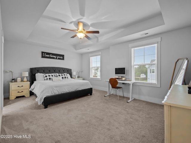 221 Salt Meadow Ln, Newport, NC 28570 - carpeted bedroom featuring a raised ceiling, a ceiling fan, baseboards, and a desk